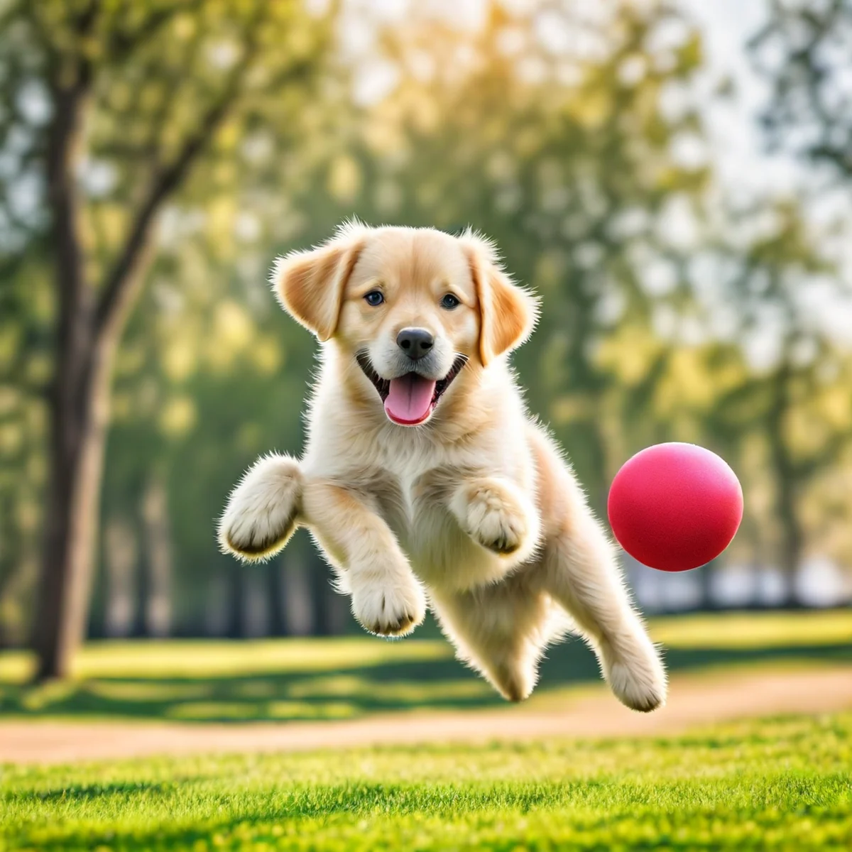 Playful Golden Retriever puppy chasing a colorful toy