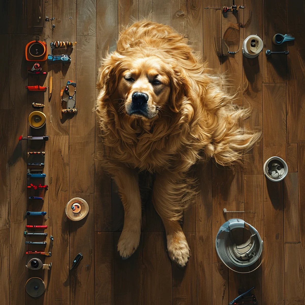 Golden Retriever relaxing on a living room rug