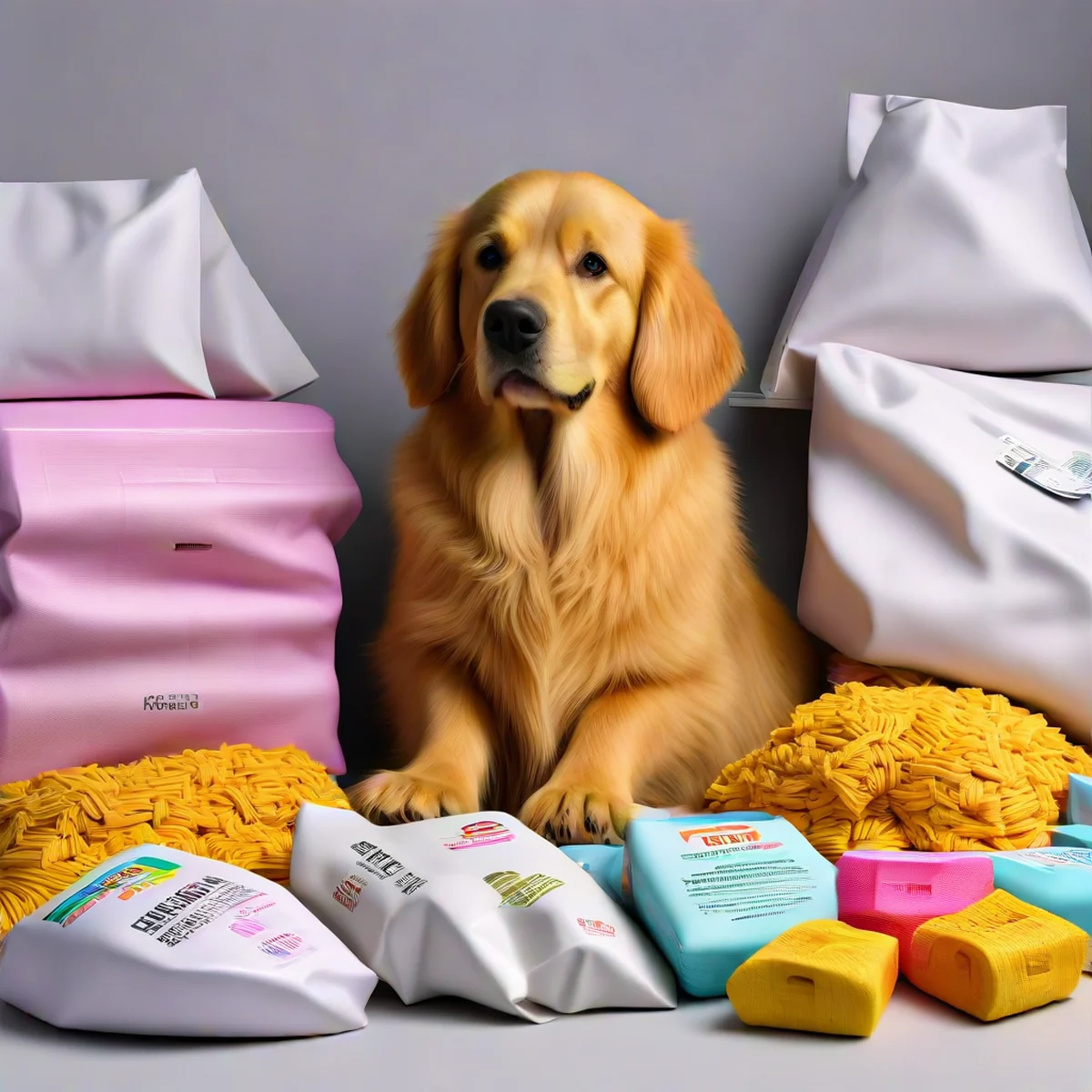 Golden retriever cercado por suprimentos de cuidados e itens de orçamento.