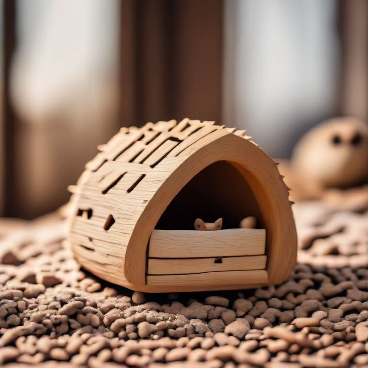 Uma casinha de madeira aconchegante para um pequeno animal de estimação.