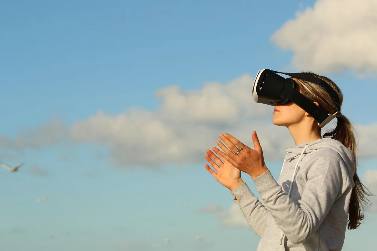 woman, virtual reality, nature, game, clouds, ar, augmented reality, female, metaverse, girl, outdoors, person, side view, sky, open arms