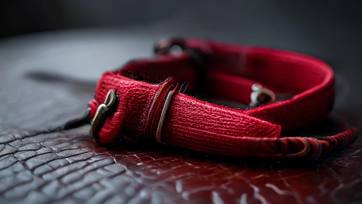 Ceinture de harnais pour chat, utilisée pour le sécuriser lors de promenades ou de voyages.