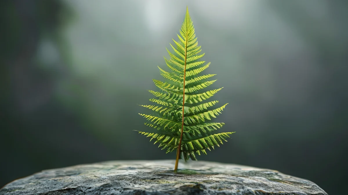 Sotto un cielo nuvolo, un lungo, curvo, verde Fernspike al centro di una superficie di pietra, profondità di campo sottile, realismo fotografico, focus netto, dettagli elevati