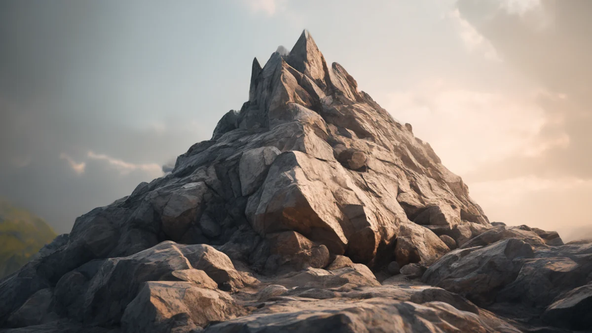Una spire rocciosa, irregolare, grigio sabbia, su un roccia tropicale, sotto luce laterale calda, profondità di campo sottile, realismo fotografico, focus netto, dettagli elevati