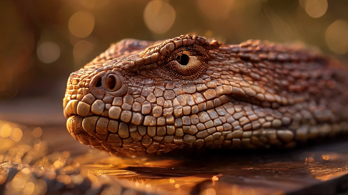 Reptiels tand, ruw en met natuurlijke ondiepheid, bruin, op een houten plank onder gouden licht, zacht focus, fotorealistisch, scherp focus, hoge details