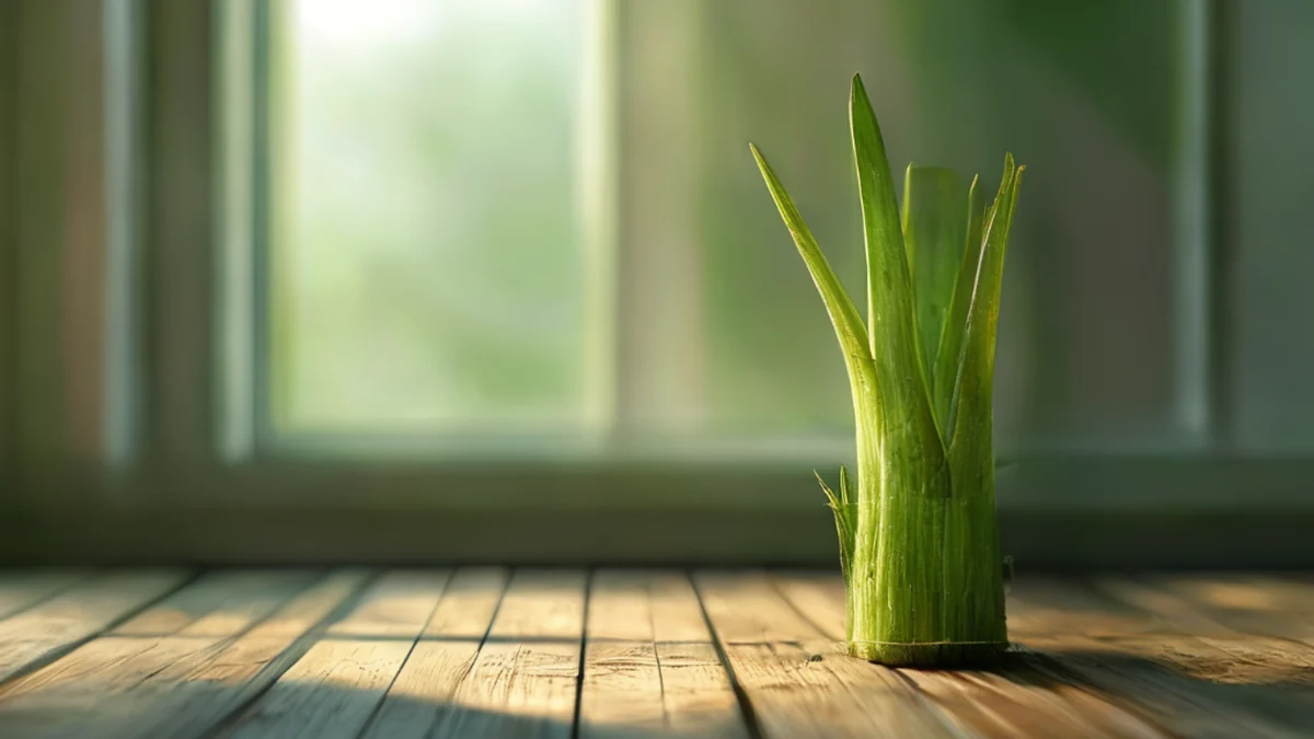 Tira cultivada, central, luz suave da janela, alta, reta, verde, textura áspera, sobre uma mesa de madeira simples, profundidade de campo baixa, realismo fotográfico, foco nítido, detalhes altos