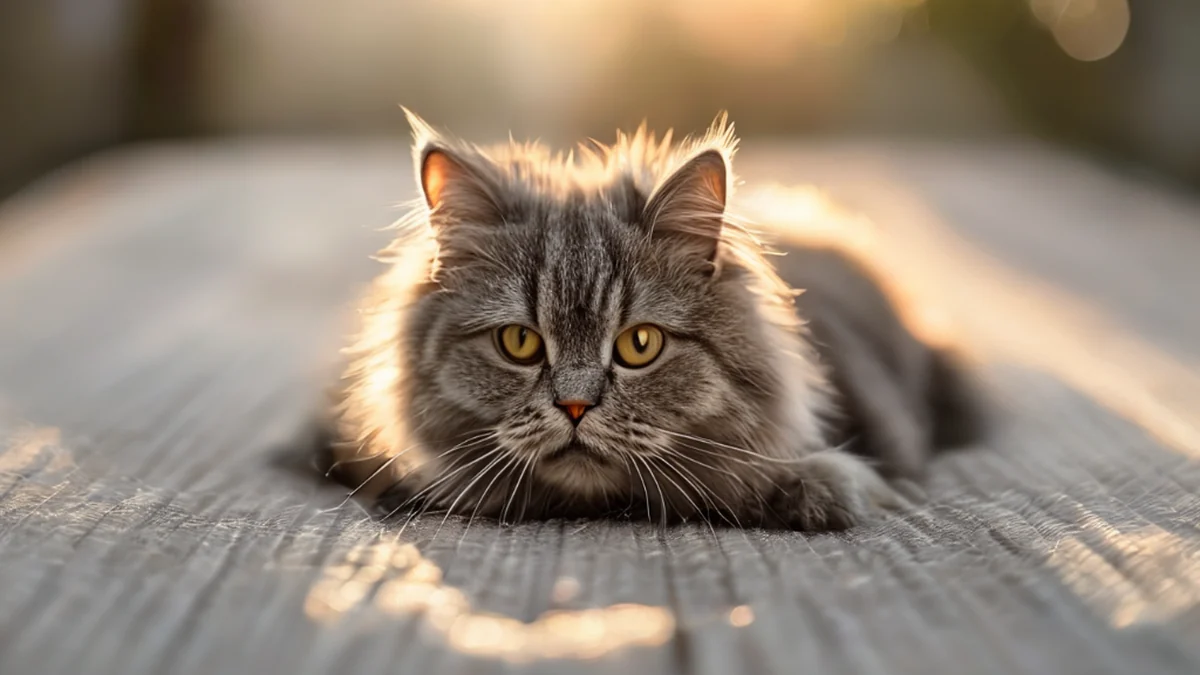 Un chat à pelage gris, doux et enroulé, au centre d'une table en lin simple sous l'heure dorée, mise en avant par un fond flou, réalisme photo, focus net, détails élevés